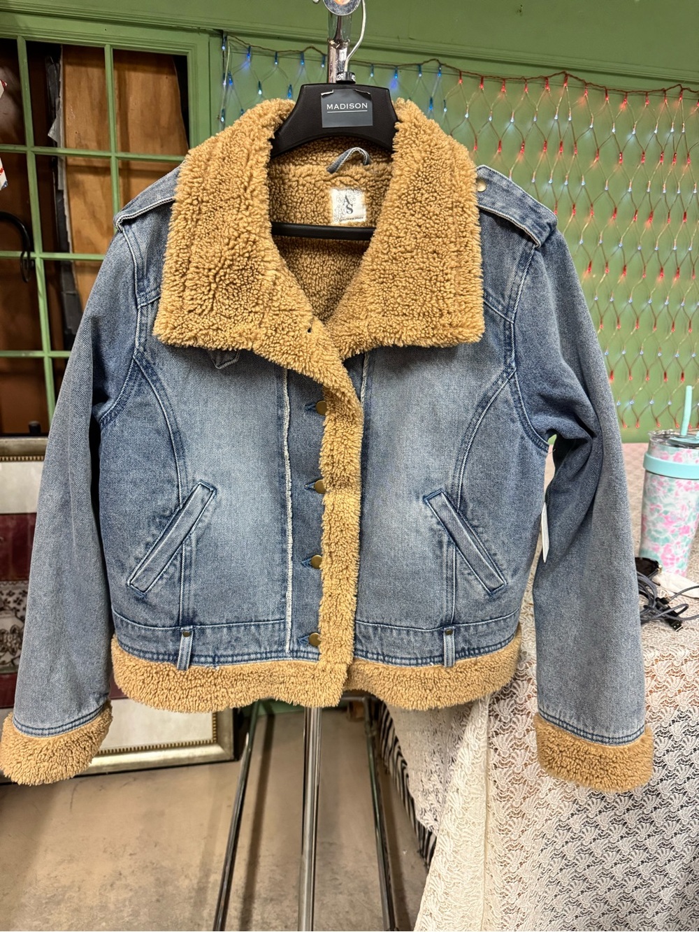 Altar'd State Blue Denim Jacket with Tan Sherpa Trim